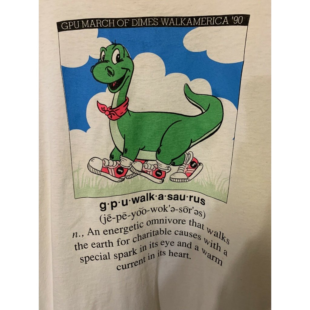 Vintage Walkasaurus T-Shirt 1990 March Of Dimes Sz Xxl White Distressed